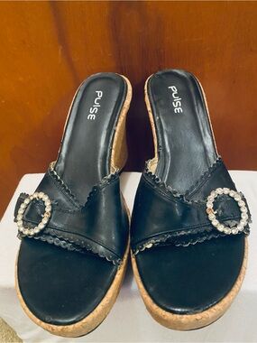 Pulse Black Cork Wedge Slide Sandals with Rhinestone Buckle